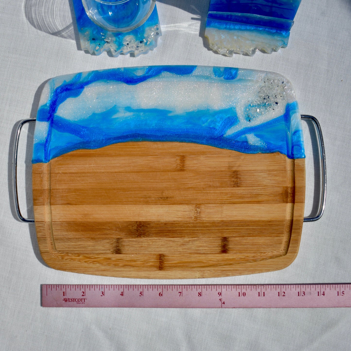 Blue & White Bamboo Charcuterie Board with Metal handles