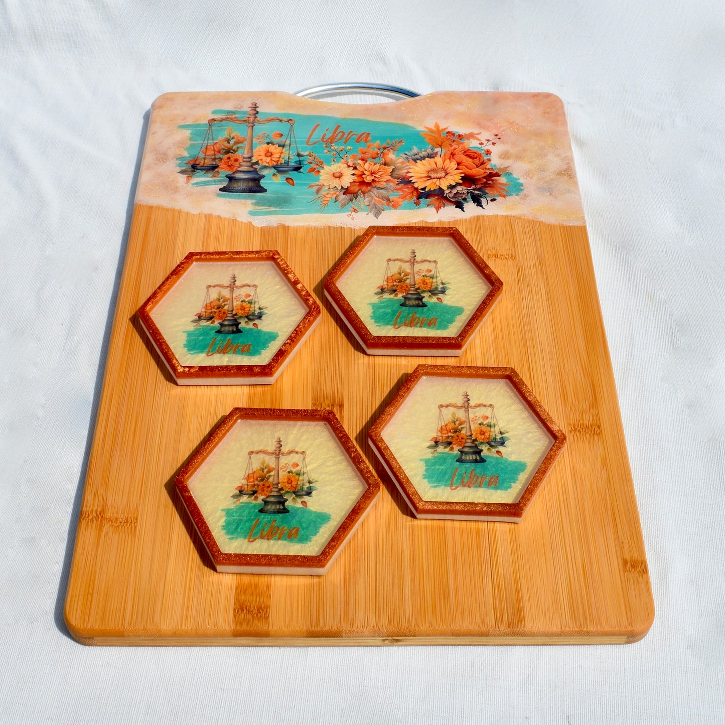 Libra Bamboo Charcuterie Board with 4 Coasters • Charcuterie Board Serving Set Gift