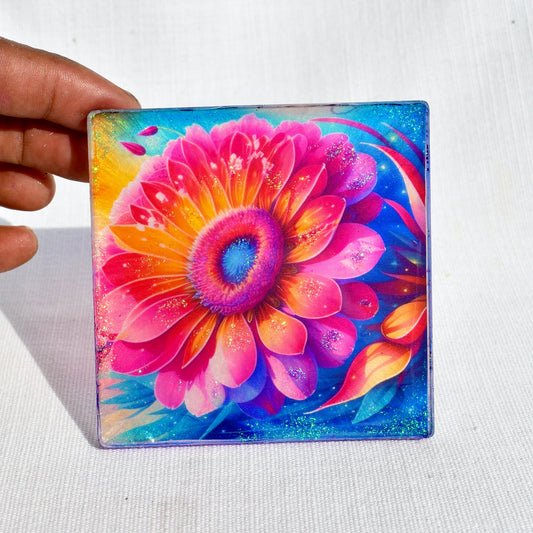 Mother’s Day Coaster Set • Flower Coasters w Holder • 5 Square Floral Coasters