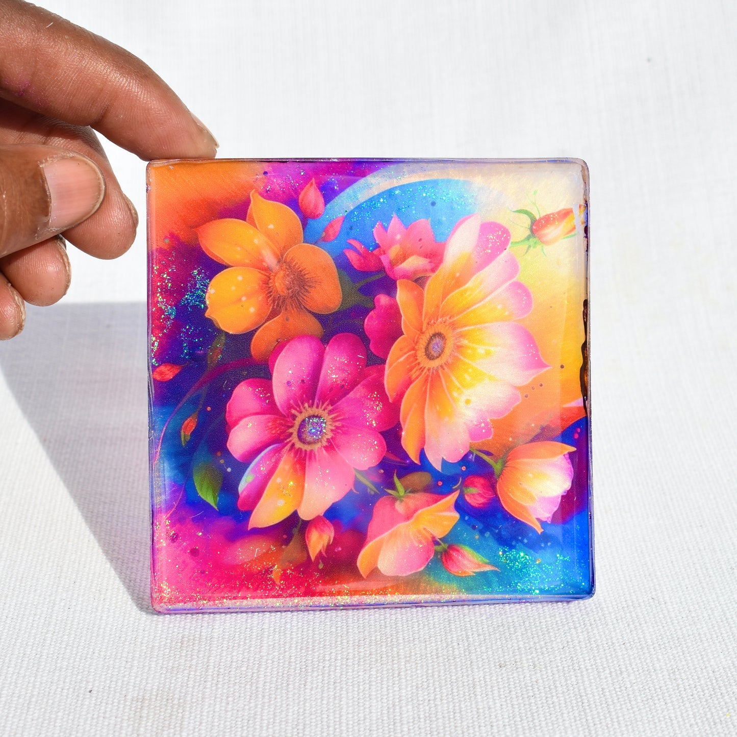 Mother’s Day Coaster Set • Flower Coasters w Holder • 5 Square Floral Coasters