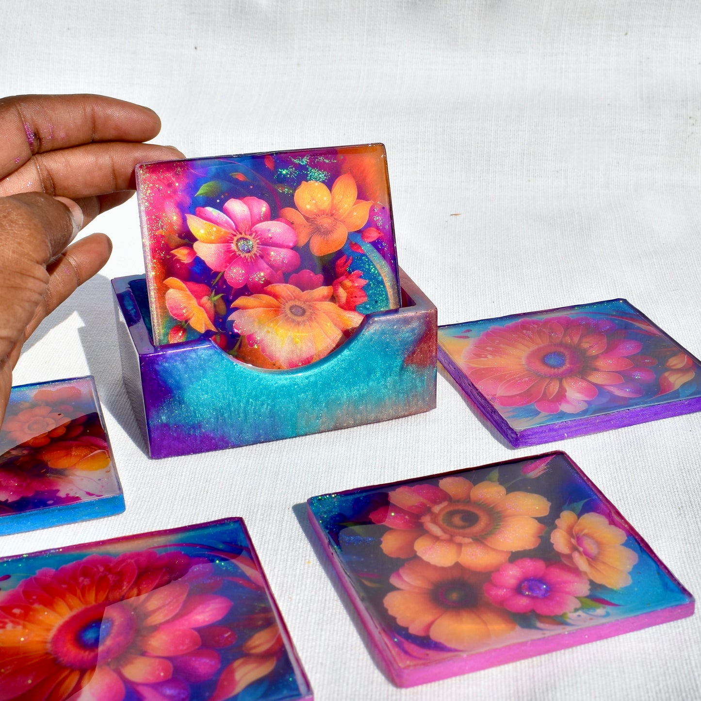 Mother’s Day Coaster Set • Flower Coasters w Holder • 5 Square Floral Coasters