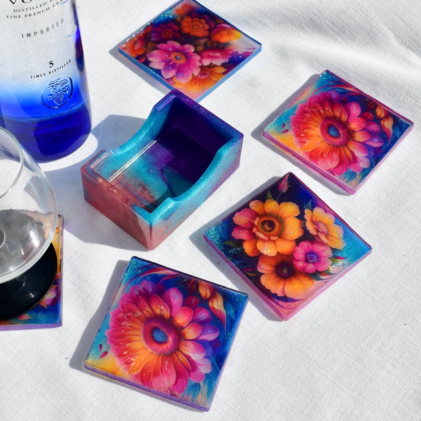 Mother’s Day Coaster Set • Flower Coasters w Holder • 5 Square Floral Coasters