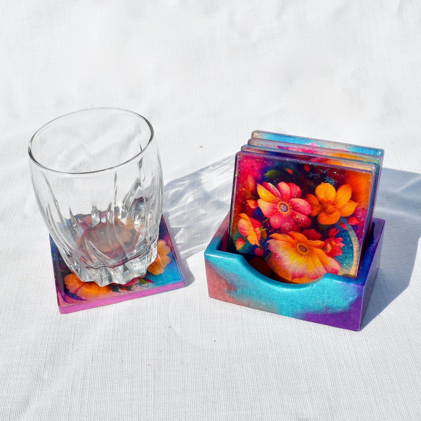 Mother’s Day Coaster Set • Flower Coasters w Holder • 5 Square Floral Coasters