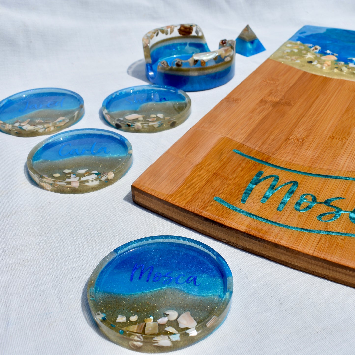 Beach Coasters with Fancy Holder • Personalized Coasters with Holder • Barware Gift