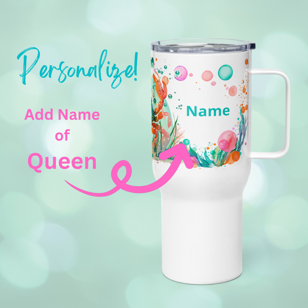 25oz stainless steel travel mug can be personalized with the name of the birthday queen and is decorated in a teal and pink underwater scene.