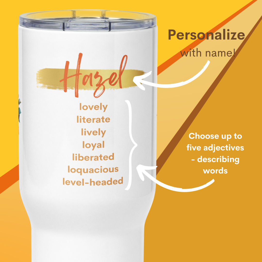 25oz travel mug celebrates a Libra birthday and is personalized with a name and five personality traits.