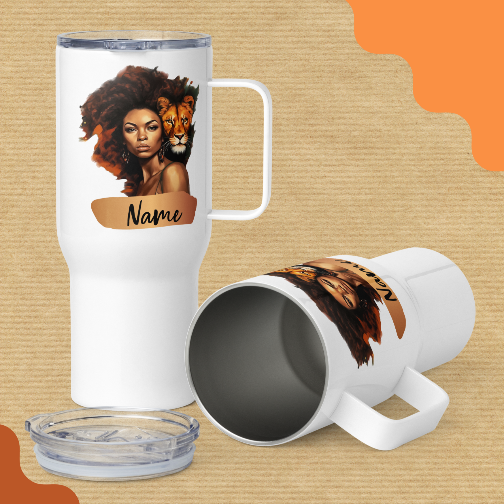 This “Lovely Leo Lady” 25oz stainless steel travel mug has picture of a beautiful black woman in the foreground and a vibrant gold and brown lion in the background.  Mug can personalized with a name.