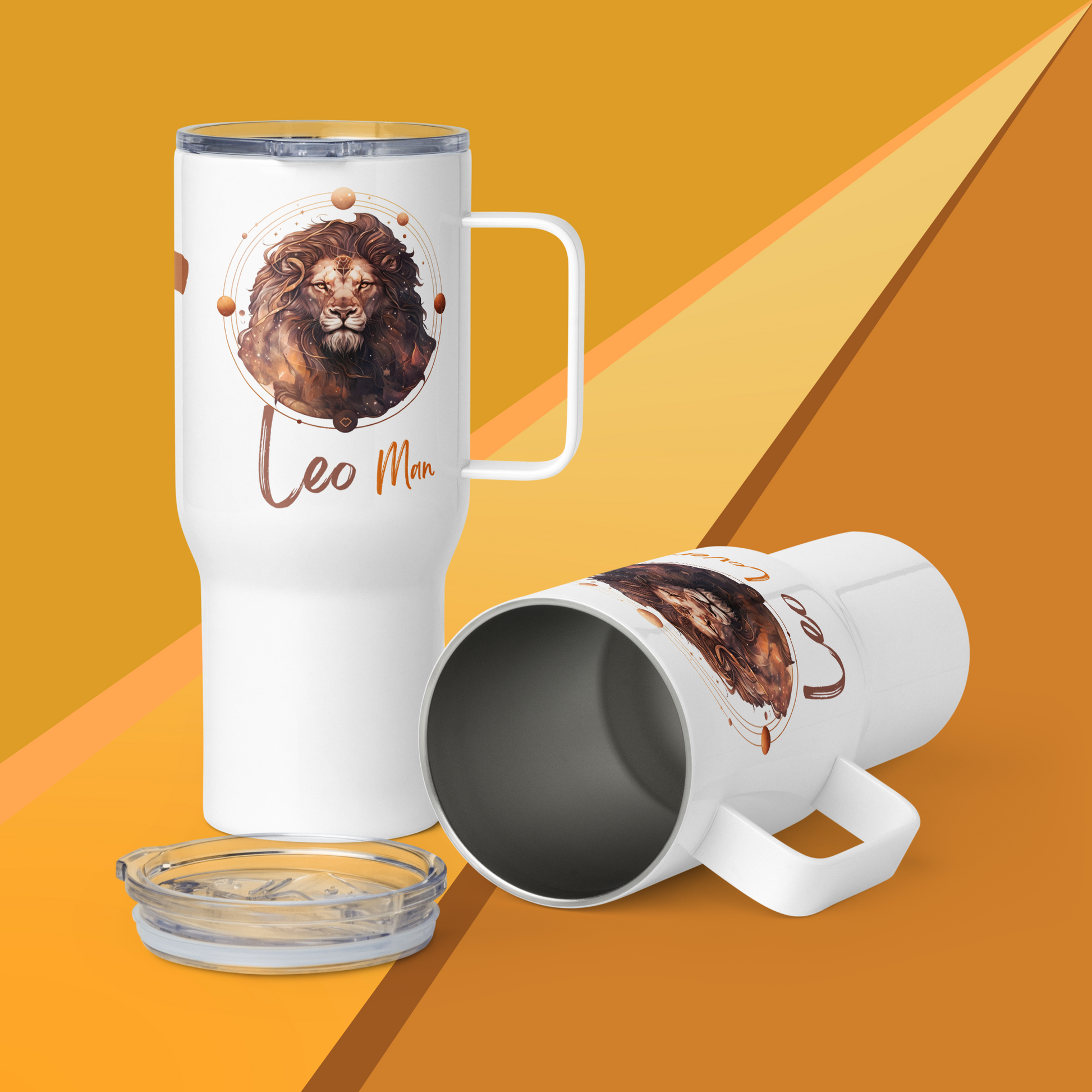 This “Leo Man” 25oz stainless steel travel mug has a vibrant gold and brown lion’s head and is personalized with a name.