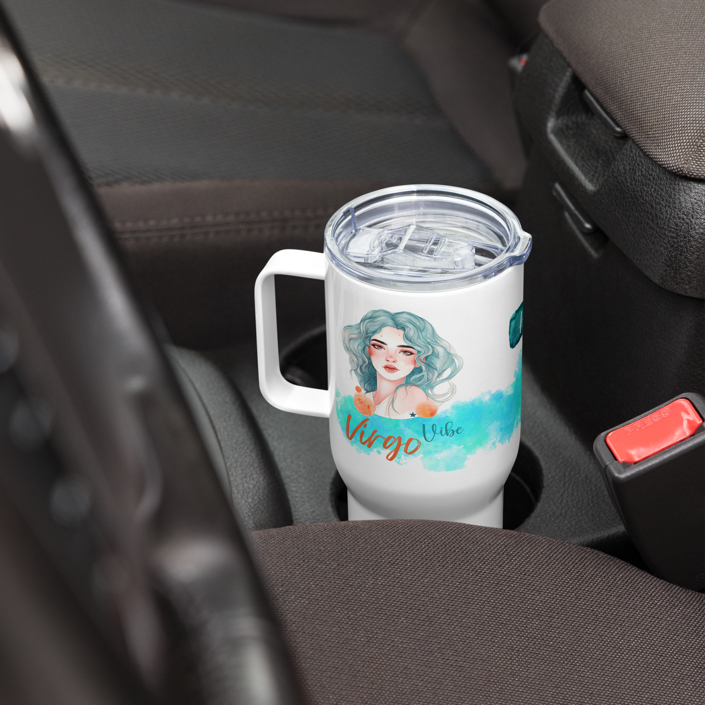 25oz stainless steel travel mug fits most car cup holders, has the words “Virgo Vibe,” and vibrant artwork of a woman with teal colored hair and is personalized with a name.