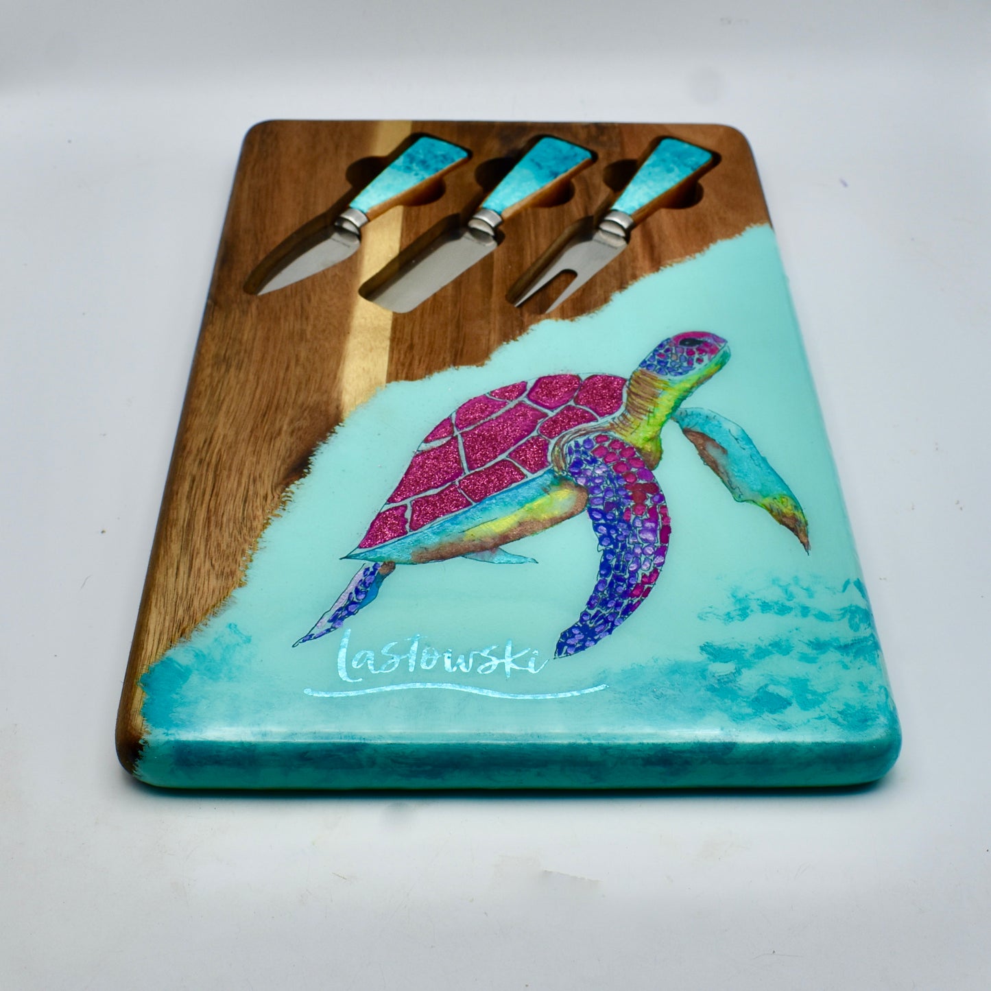 Sparkling Sea Turtle Charcuterie-Cutting Board • Multi-purpose Sea Turtle Serving Board w Tools • Acacia Wood Sea Turtle Serving Board