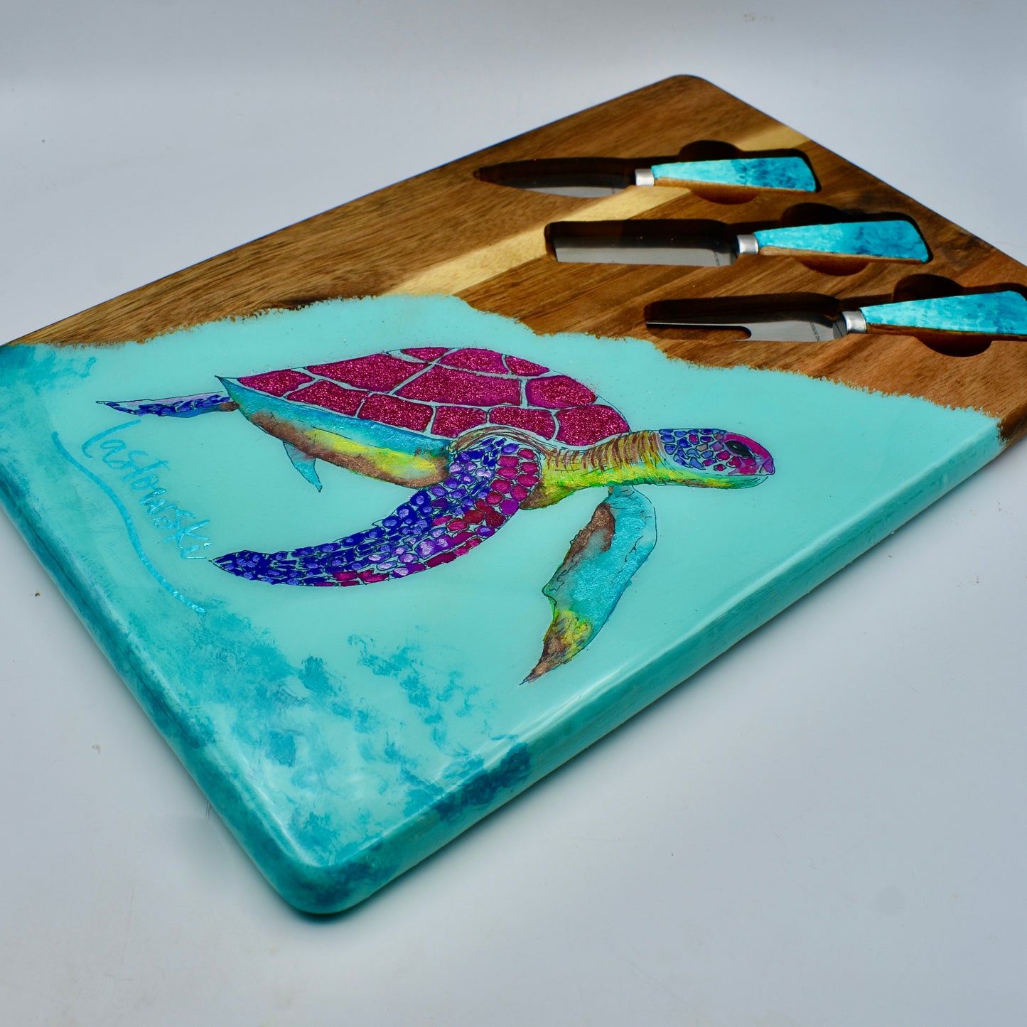 Sparkling Sea Turtle Charcuterie-Cutting Board • Multi-purpose Sea Turtle Serving Board w Tools • Acacia Wood Sea Turtle Serving Board