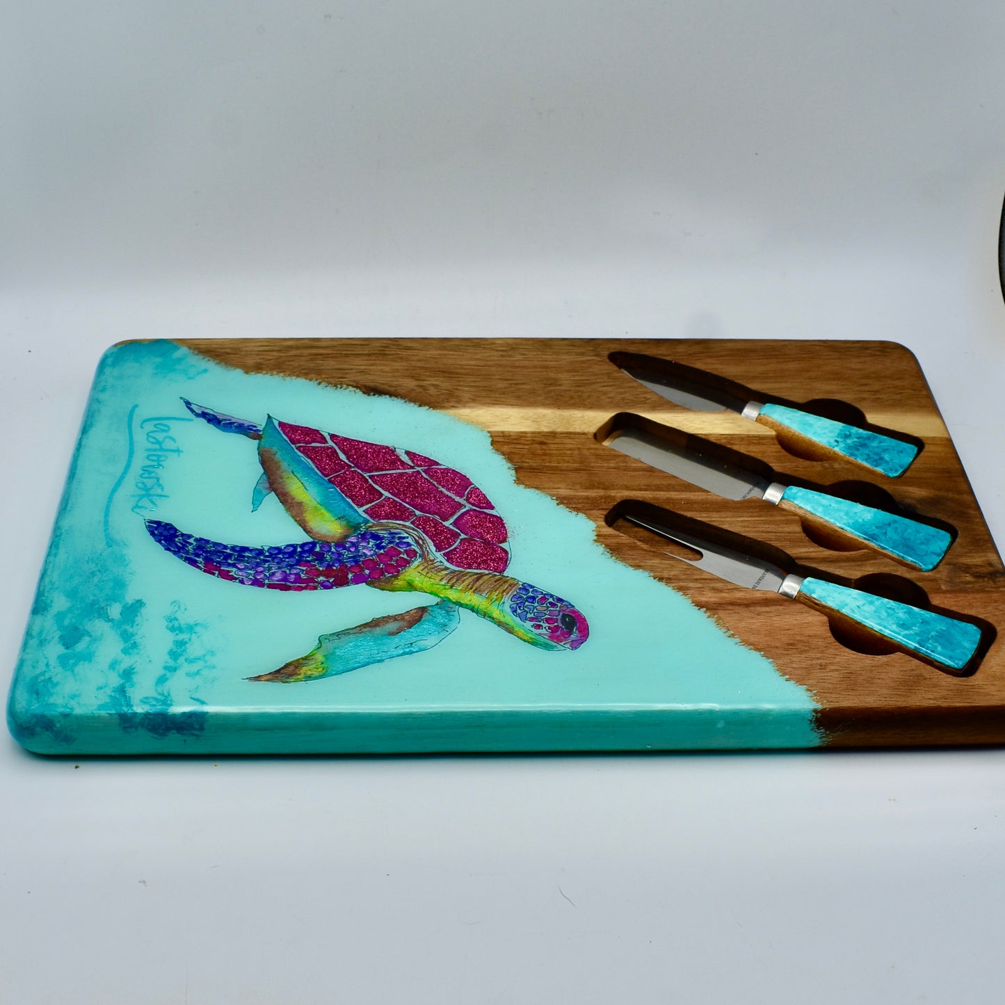 Sparkling Sea Turtle Charcuterie-Cutting Board • Multi-purpose Sea Turtle Serving Board w Tools • Acacia Wood Sea Turtle Serving Board