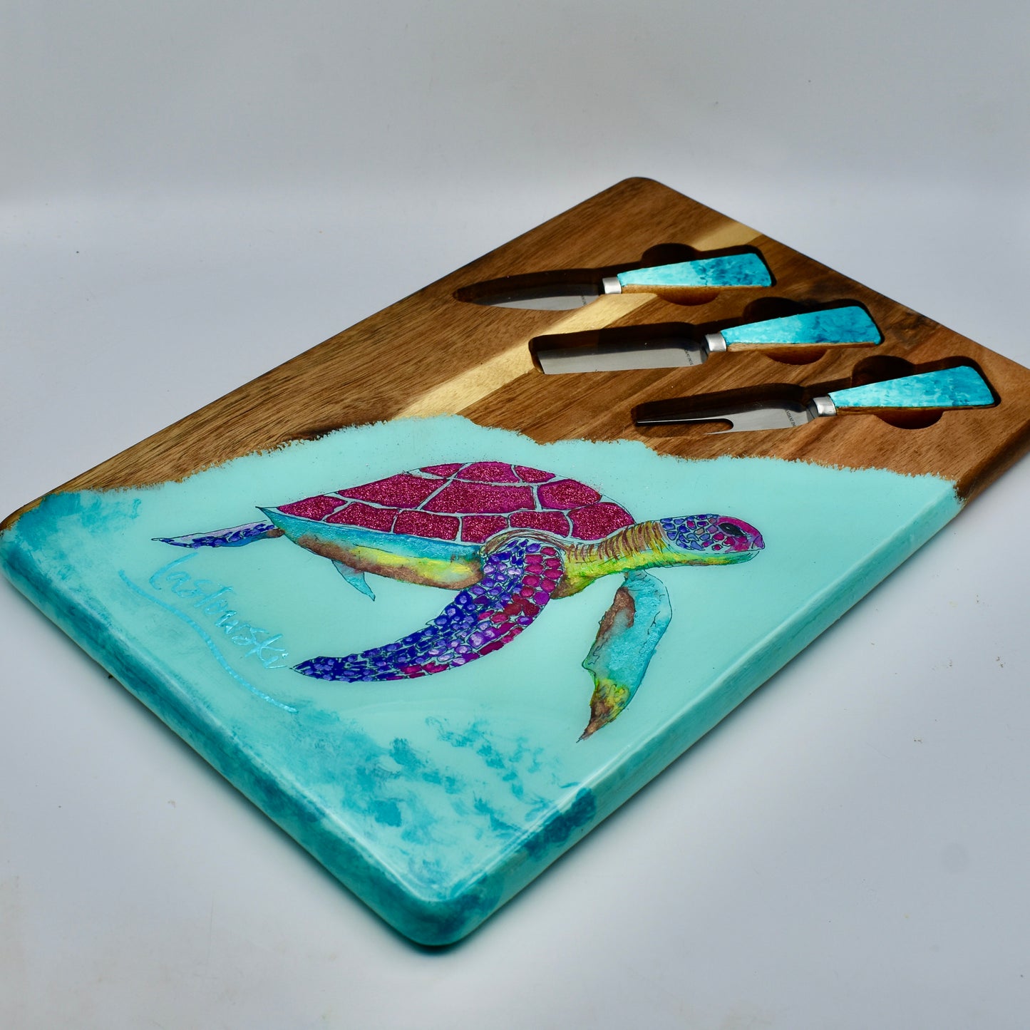 Sparkling Sea Turtle Charcuterie-Cutting Board • Multi-purpose Sea Turtle Serving Board w Tools • Acacia Wood Sea Turtle Serving Board