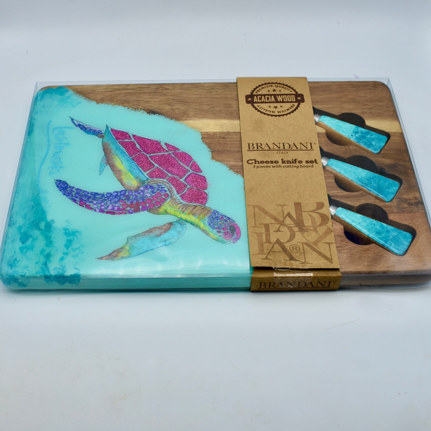 Sparkling Sea Turtle Charcuterie-Cutting Board • Multi-purpose Sea Turtle Serving Board w Tools • Acacia Wood Sea Turtle Serving Board