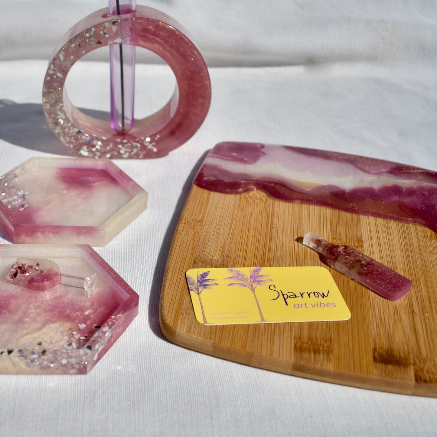 Rose Quartz Coasters & Snack Board Set • 4-Piece Rose Coaster & Board Gift