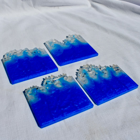 Blue & White Coasters with Stand • Sapphire & Winter White Coasters • Blue Wave Edge Coaster Set