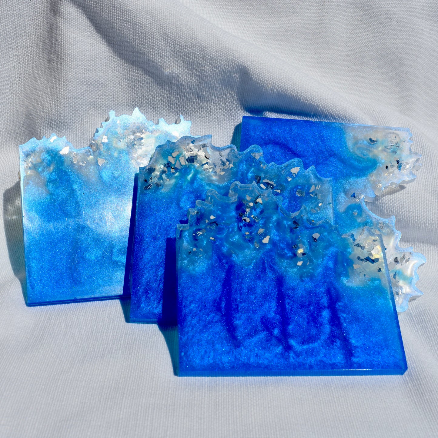 Blue & White Coasters with Stand • Sapphire & Winter White Coasters • Blue Wave Edge Coaster Set