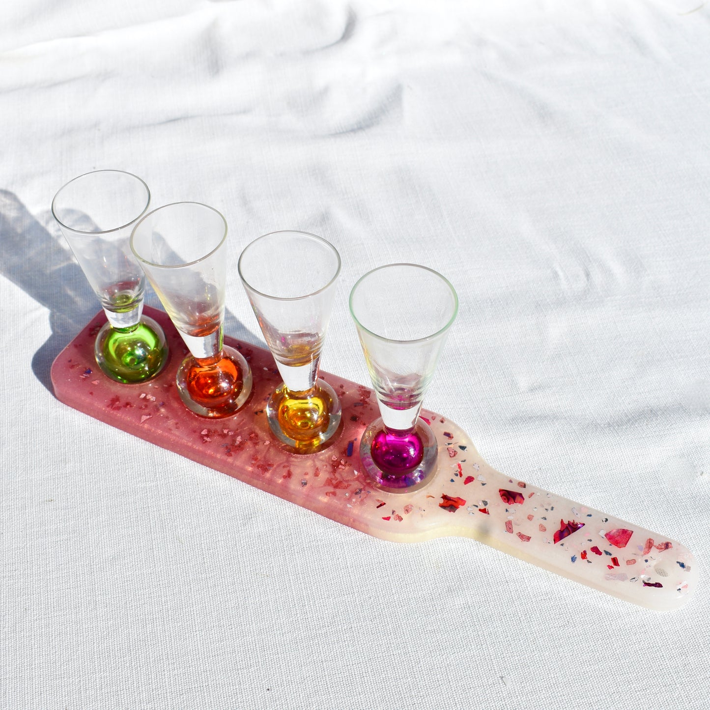 Rose Colored Shot Glass Paddle • Beer Flight Set • Candle Holder