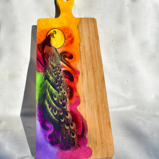Sparkling 26” Peacock Charcuterie-Cutting Board • Bamboo Peacock Serving Board
