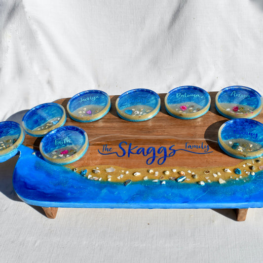Personalized Beach Themed Charcuterie  Board w Coasters • 9-Piece Beach Themed Charcuterie & Coaster Set