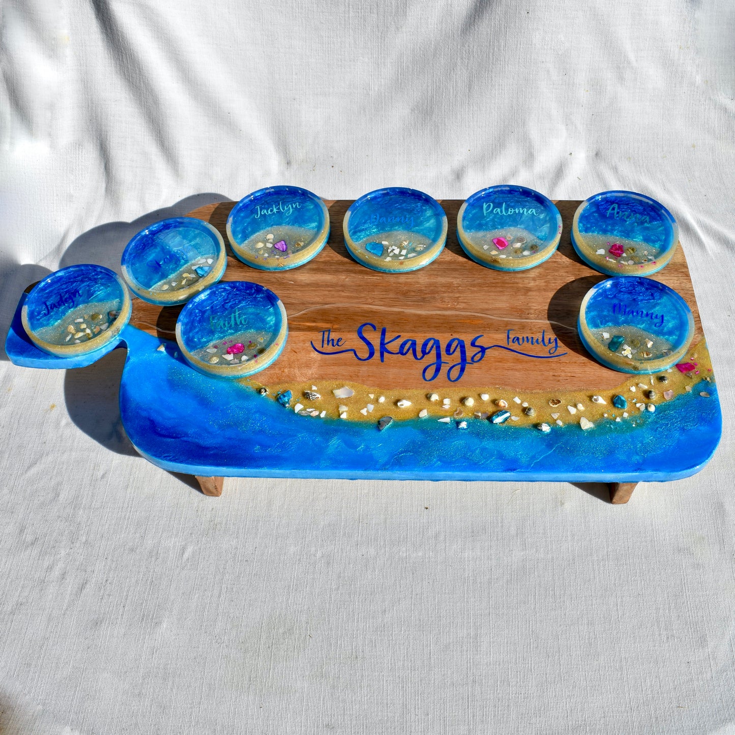 Personalized Beach Themed Charcuterie  Board w Coasters • 9-Piece Beach Themed Charcuterie & Coaster Set