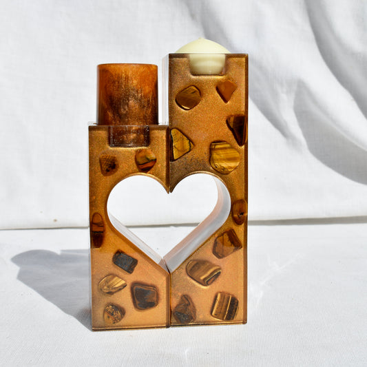 2-piece heart shaped candle holder with embedded polish tiger's eye stones