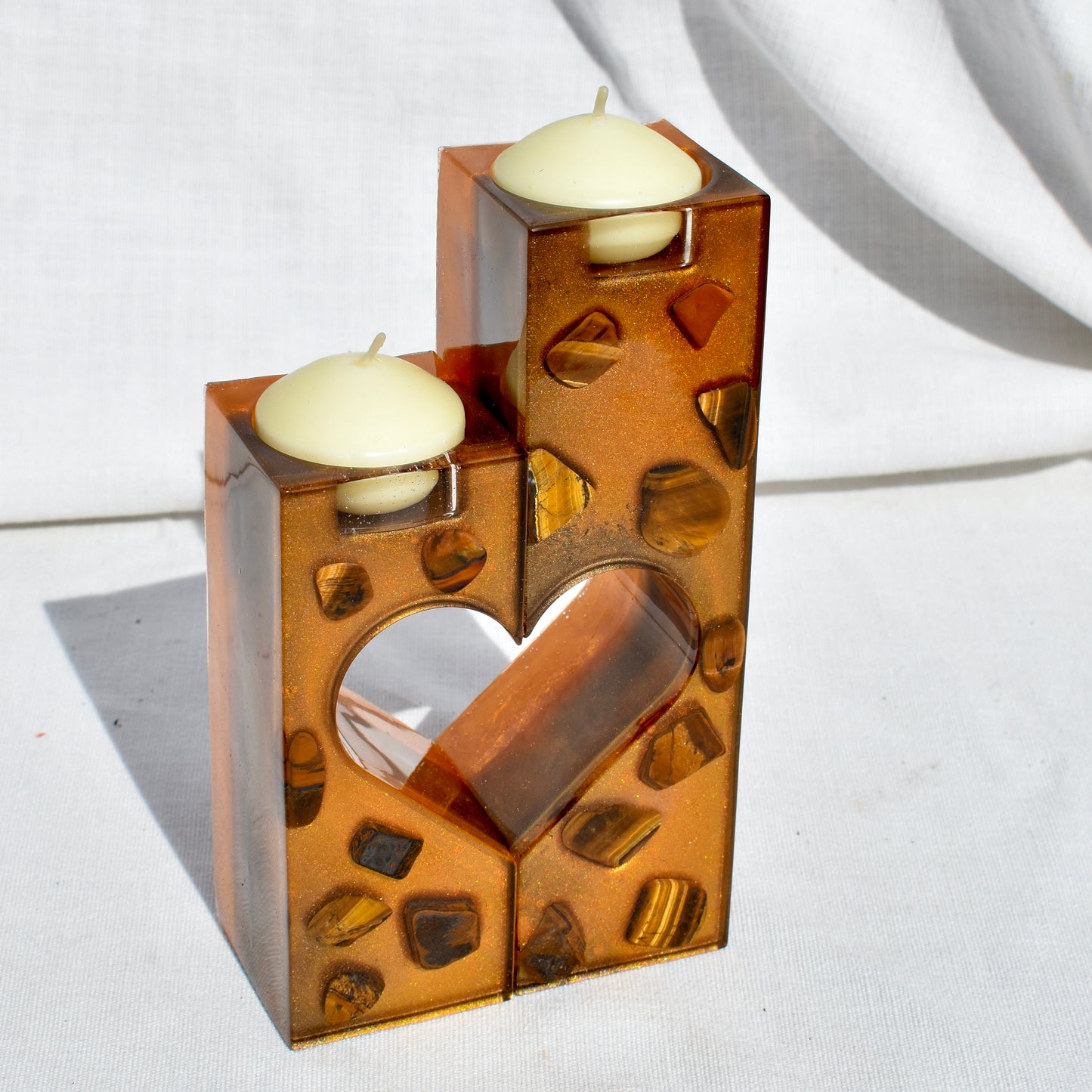 Tiger’s Eye 2-Piece Heart Unity Tealight Candle Stand • Heart Shaped Shot Glass Holder