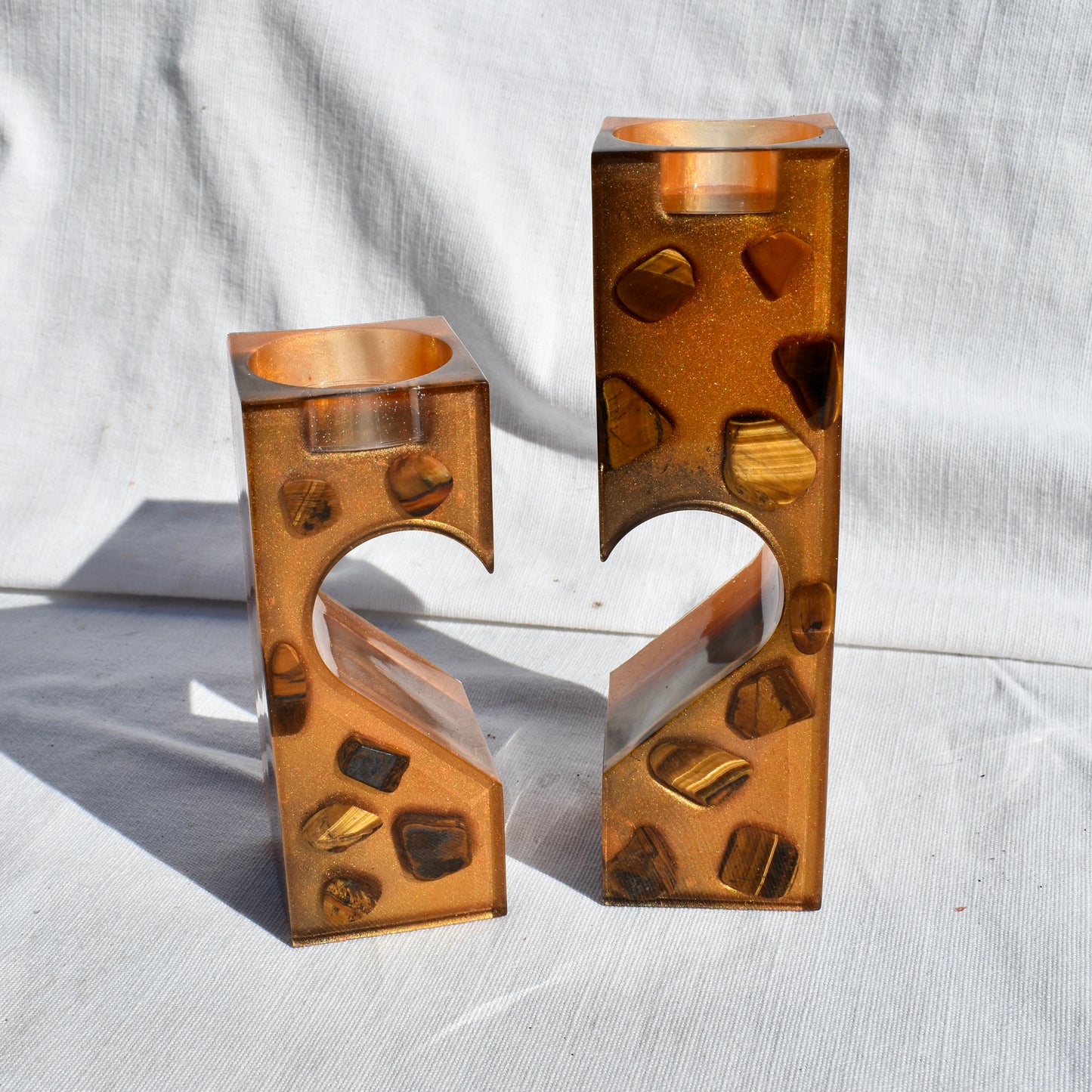 Tiger’s Eye 2-Piece Heart Unity Tealight Candle Stand • Heart Shaped Shot Glass Holder