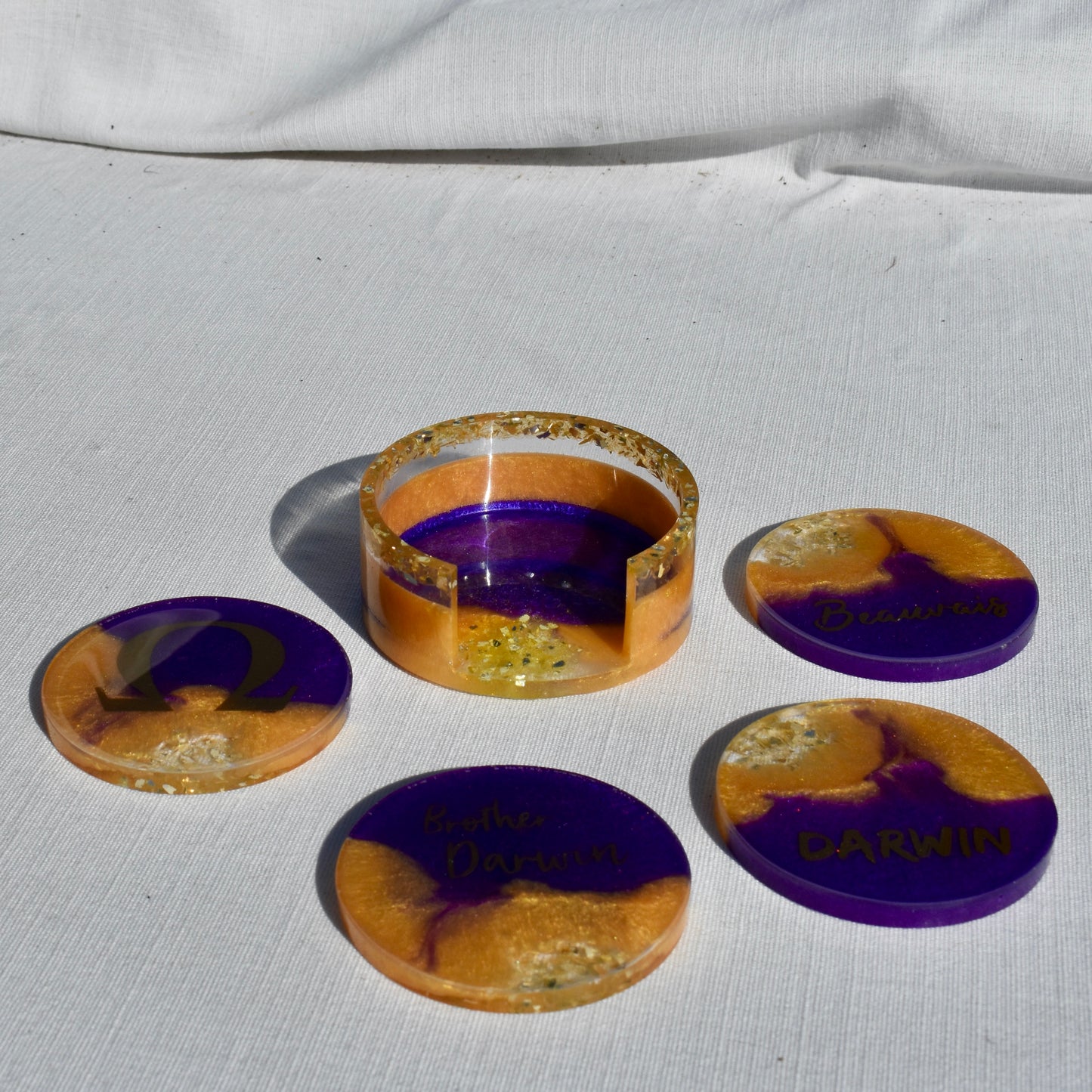 Purple & Gold Coasters with Holder - Fraternity Coaster Set