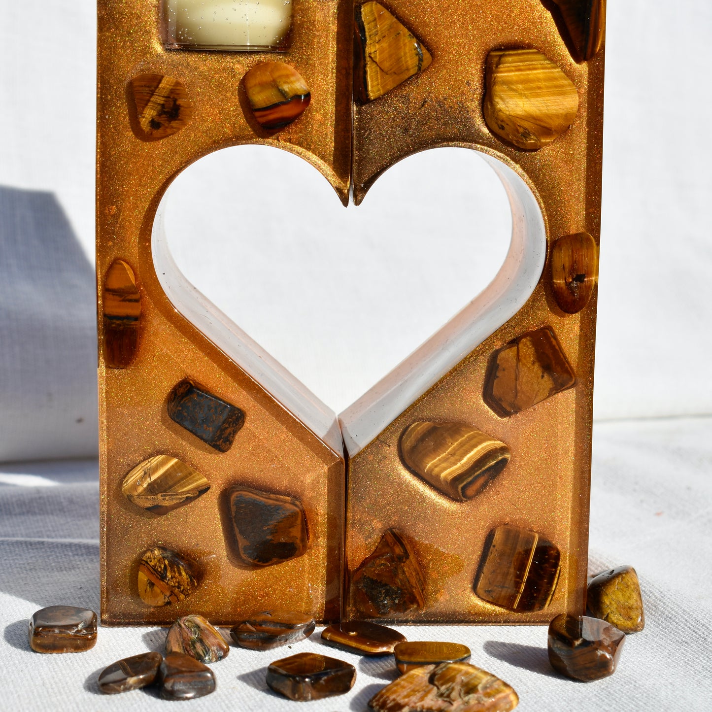 Tiger’s Eye 2-Piece Heart Unity Tealight Candle Stand • Heart Shaped Shot Glass Holder