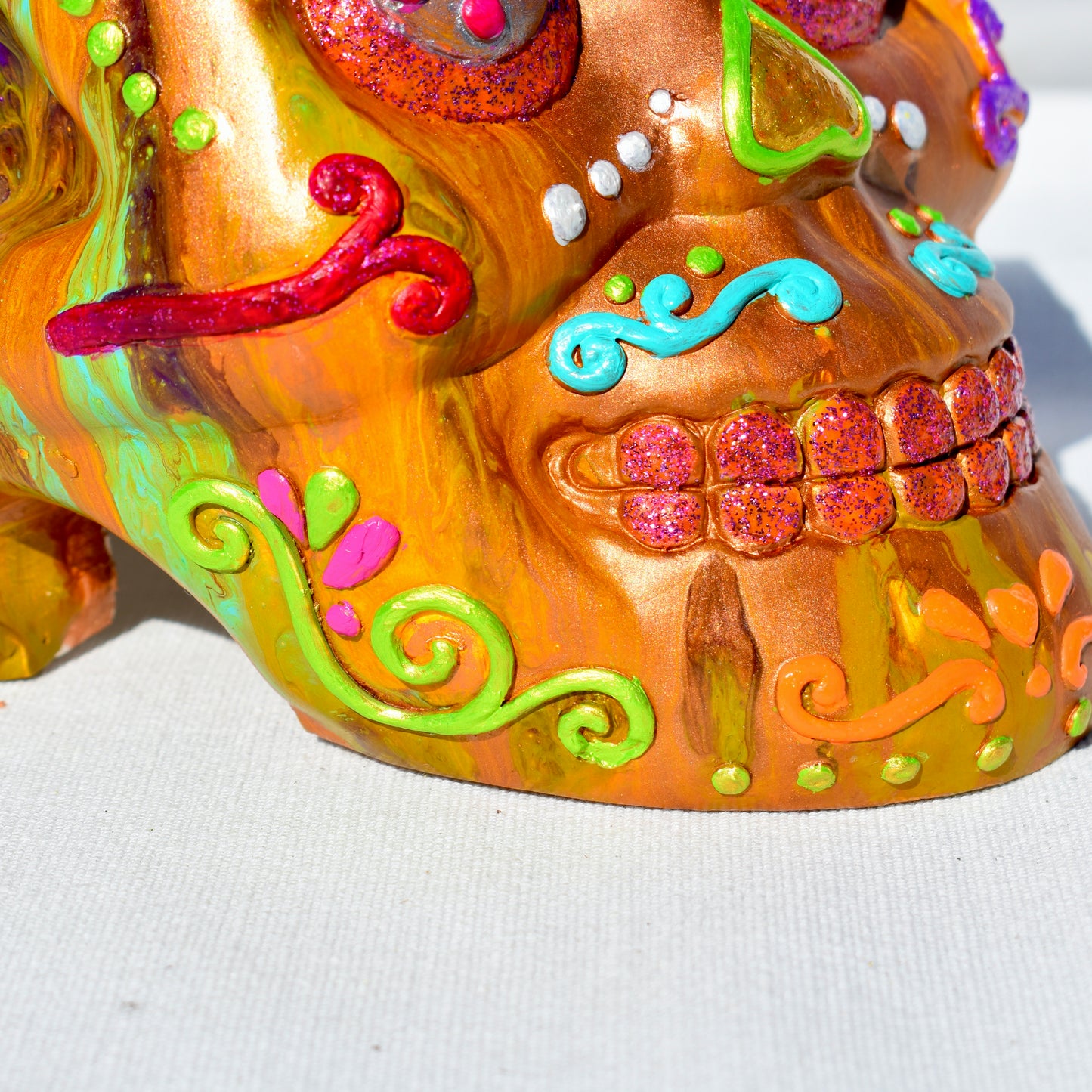 Bronze & Floral Sugar Skull Statue • Day of the Dead Statue Décor