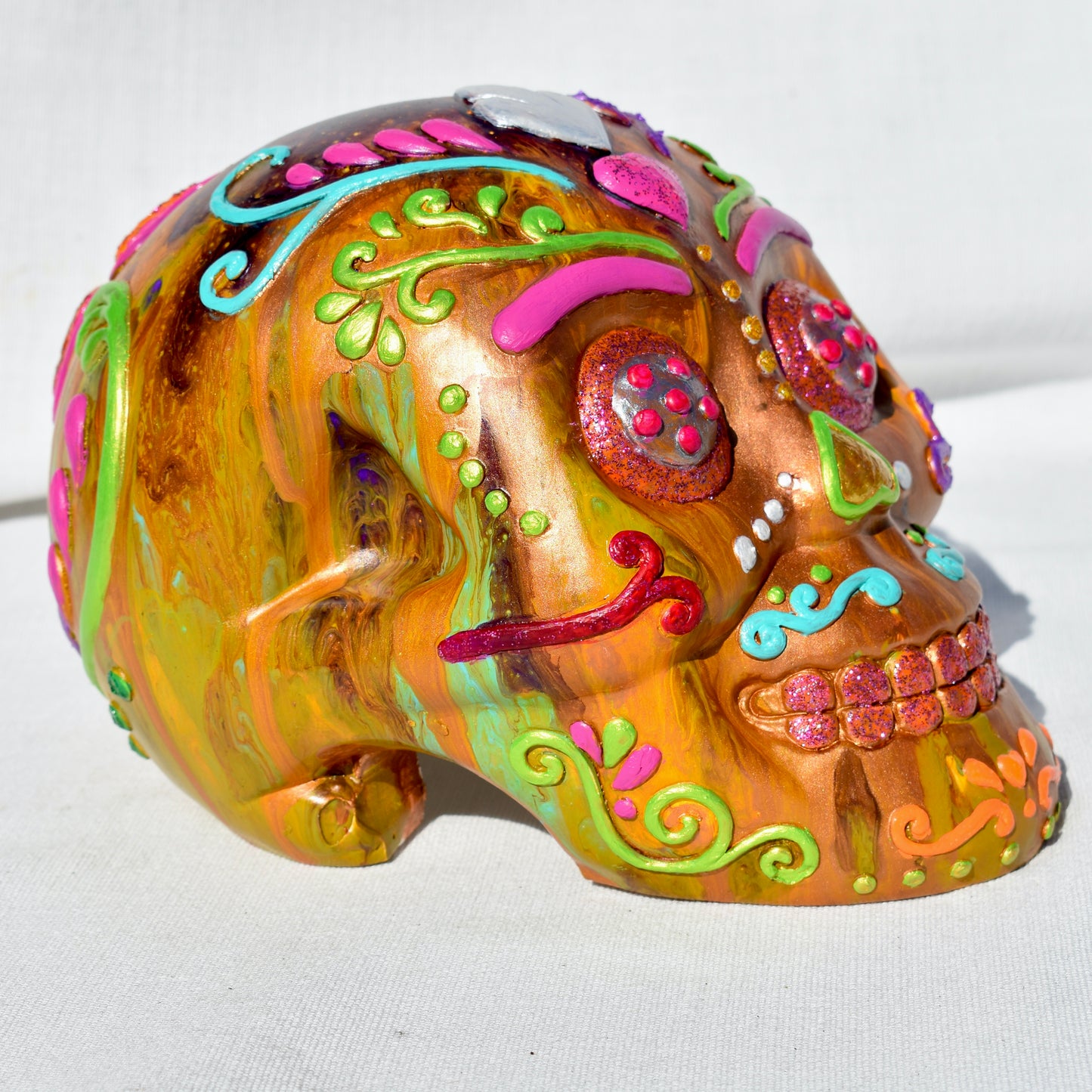 Bronze & Floral Sugar Skull Statue • Day of the Dead Statue Décor