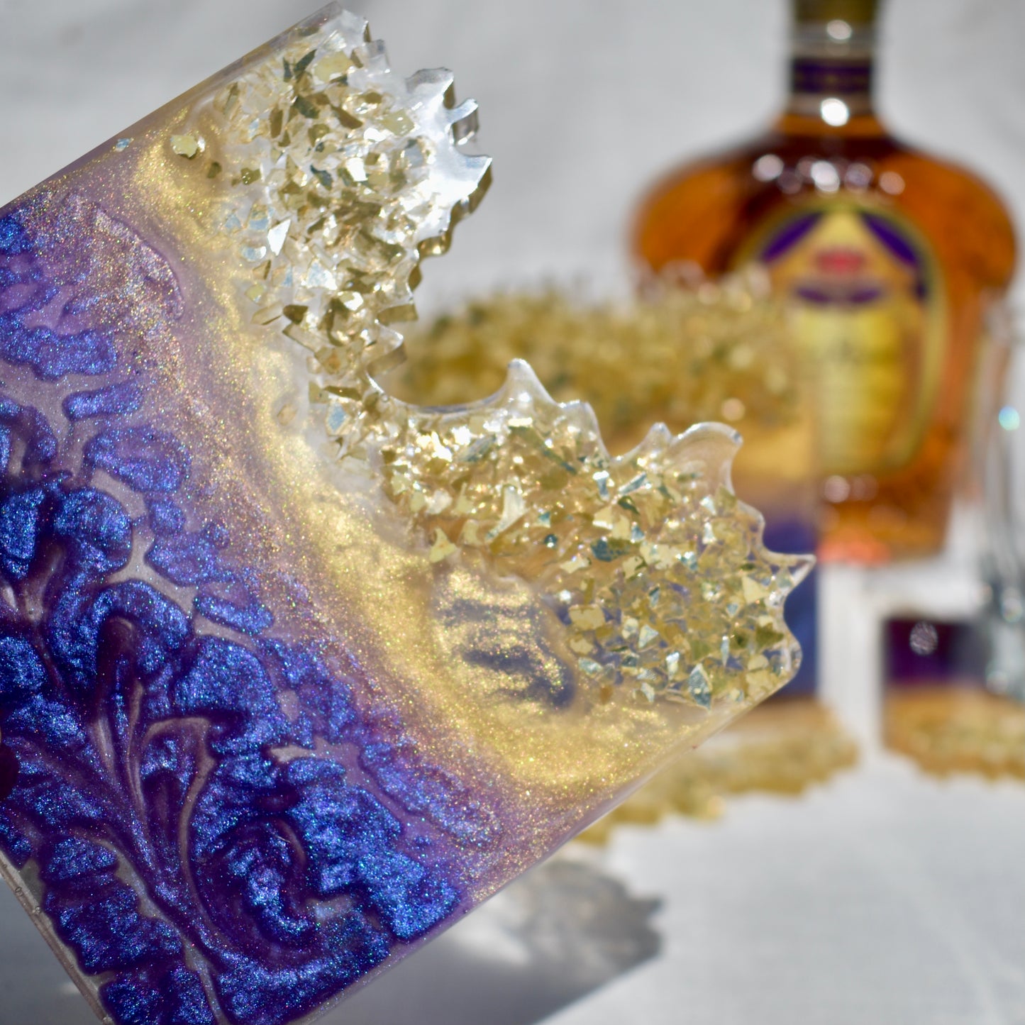 7 Piece Fancy Purple & Gold Coaster Set w Holder