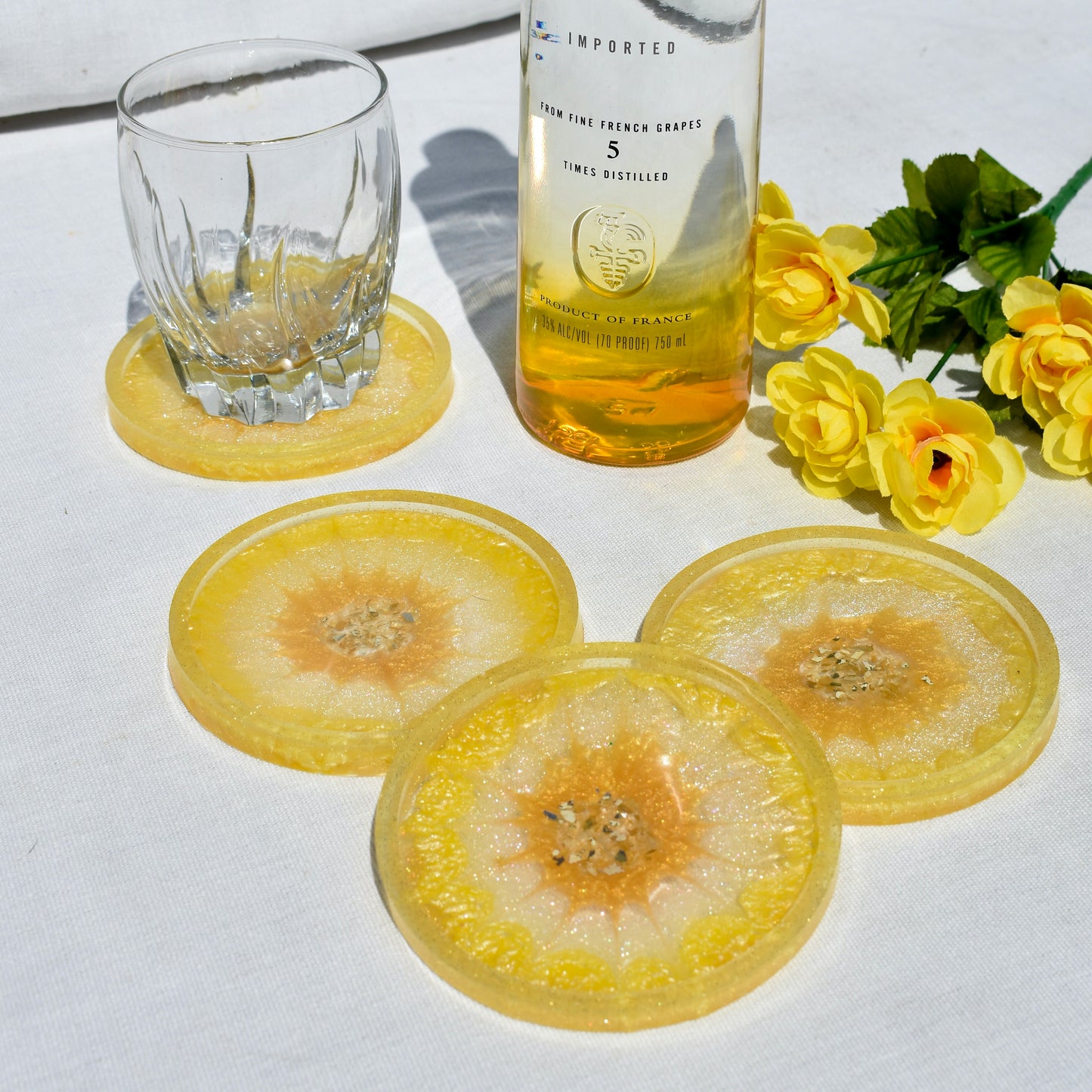 4 Lemon Yellow Flower Coasters • 4 Yellow 3D Coasters • Yellow Barware