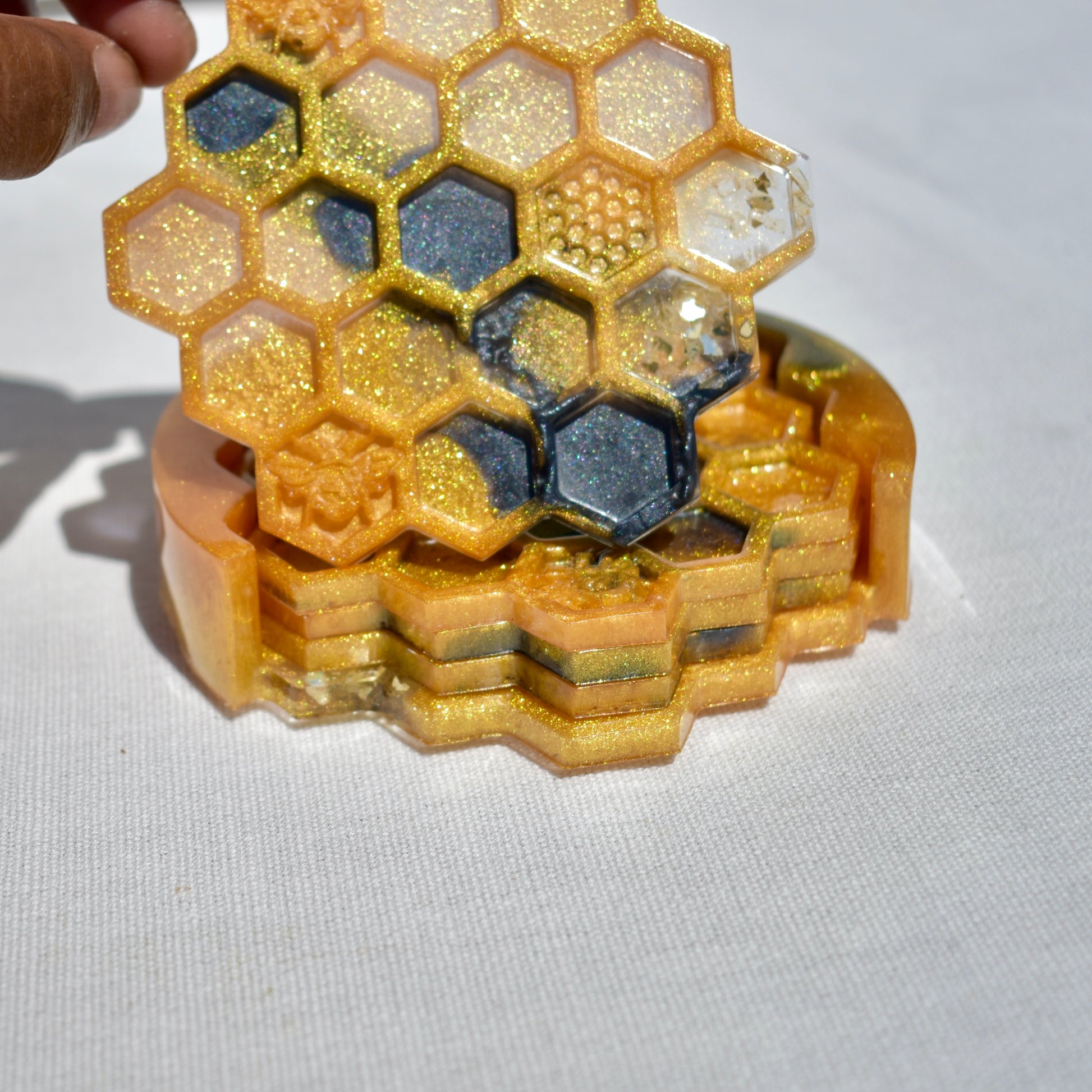 Honeycomb Coasters with Holder • Honey Bee Resin Coasters • Bumble