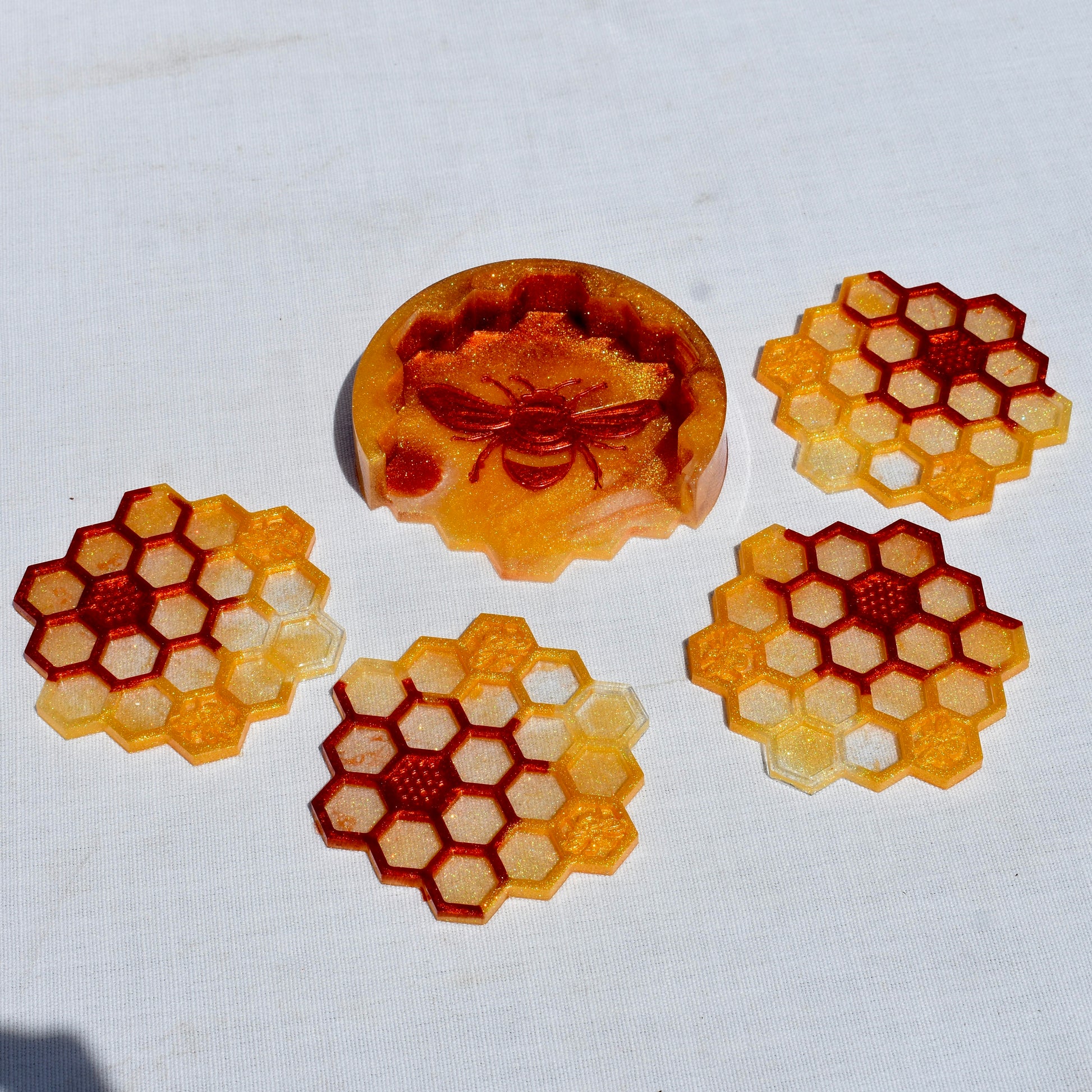 Honeycomb Coasters with Holder • Honey Bee Resin Coasters • Bumble