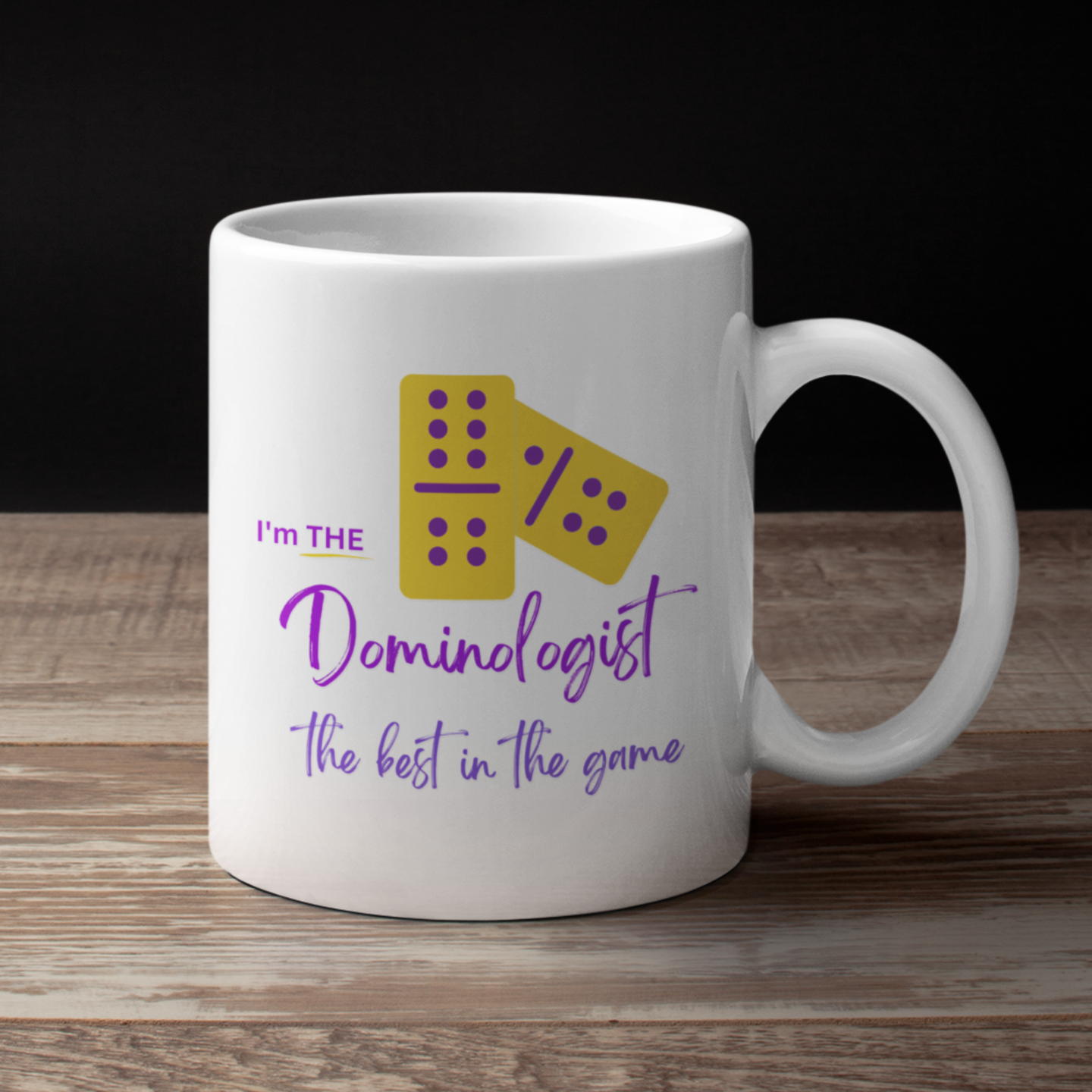 Personalizable “Dominologist” Mug • Purple & Gold Dominoes Coffee Mug • Dominoes Gift Mug