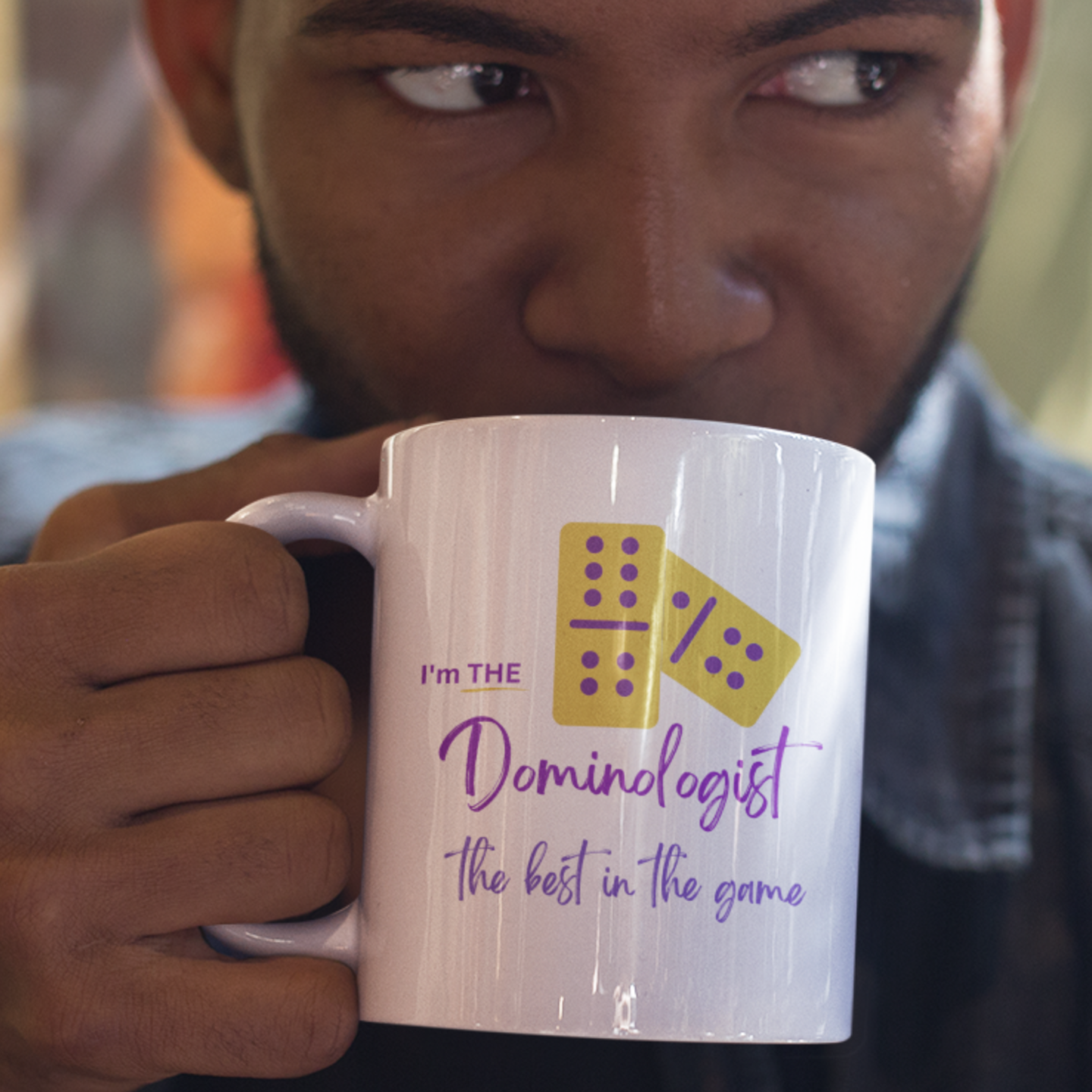 Personalizable “Dominologist” Mug • Purple & Gold Dominoes Coffee Mug • Dominoes Gift Mug