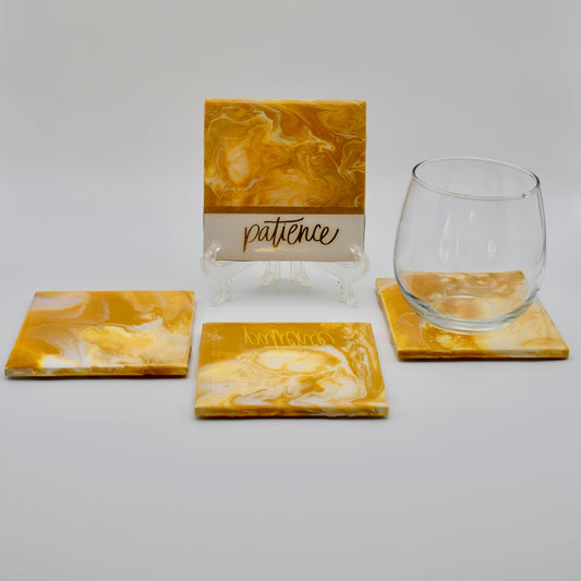 Patience Gifts – Inspirational Coasters - Affirmations Coasters – Yellow Ceramic Drink Coaster Set – Christian Gift
