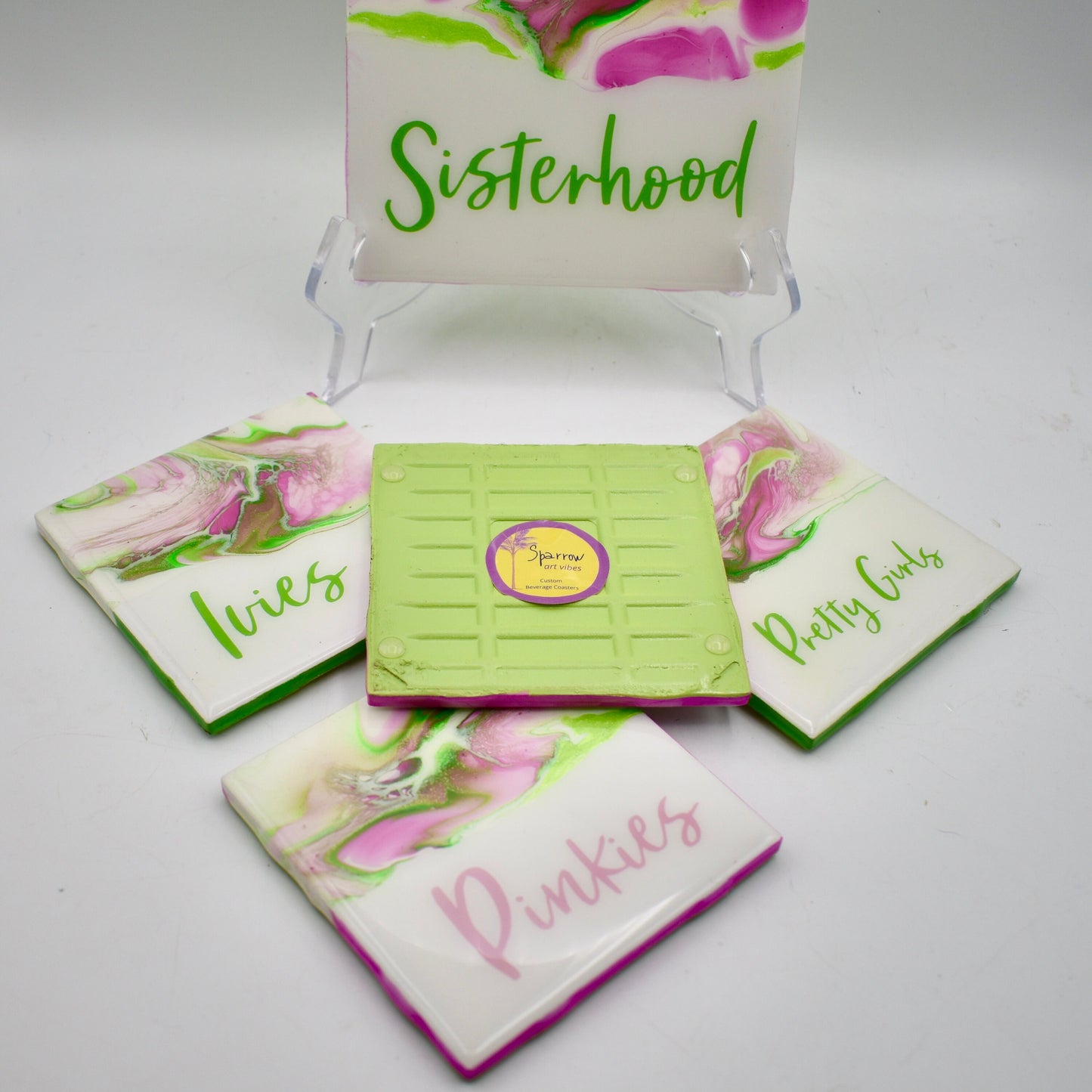 Pink & Green Coasters – Personalized Sorority Coasters - Sorority Gift - Custom Drink Coasters – Gift for Her – She Shed - Barware
