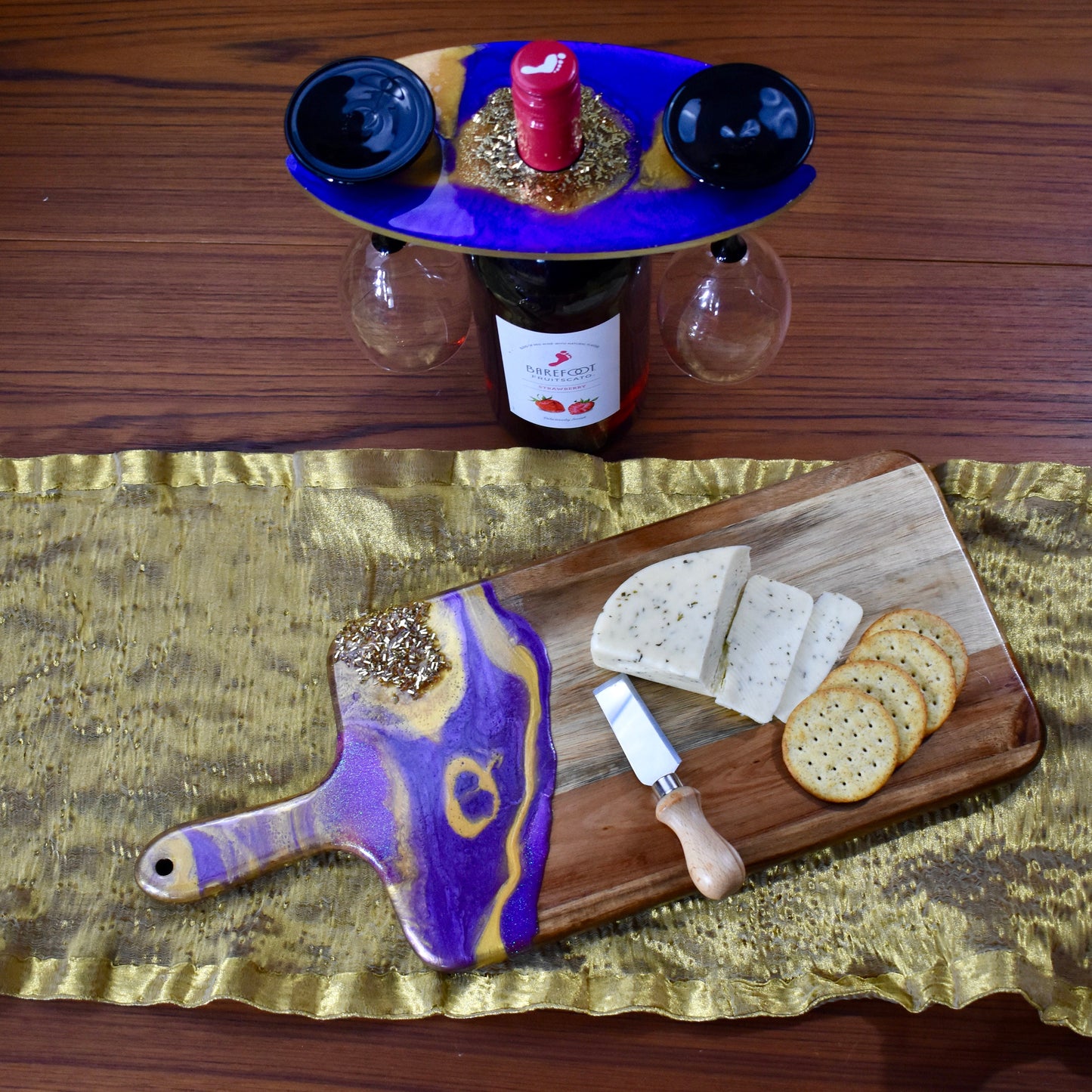 Purple & Gold Cheese Board Set - Fraternity Gift - Cheese Board Paddle - Charcuterie Gift Set – Wooden Cutting Board - Housewarming Gift