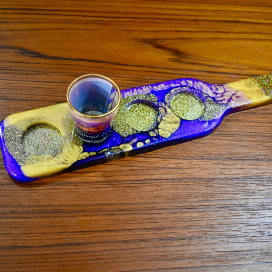 Purple and Gold Shot Glass Tray – Purple & Gold Flight Paddle - Shot Glass Holder – Shot Glass Paddle – Barware – Whiskey Shot Tray - Q Gift