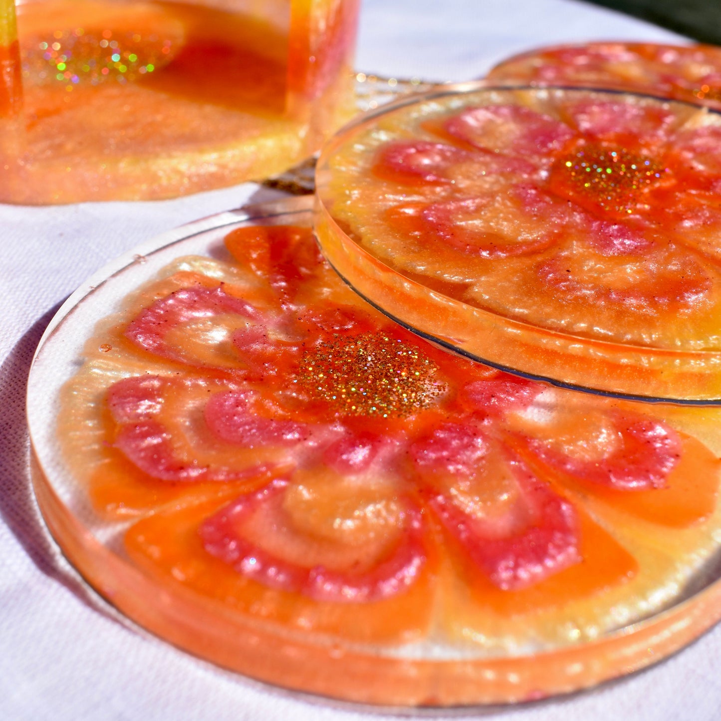 Citrus Coasters with Holder – Summer Citrus Resin Coasters – 4 Citrus Slice Coasters – Citrus Slice Coaster Set - Barware – Fruit Décor