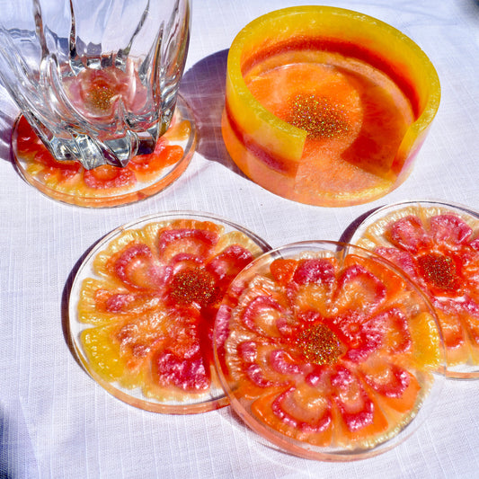 Citrus Coasters with Holder – Summer Citrus Resin Coasters – 4 Citrus Slice Coasters – Citrus Slice Coaster Set - Barware – Fruit Décor