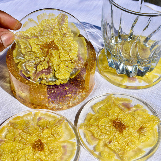 Outdoor Yellow Coasters with Holder – Lemon Resin Coasters – 4 Lemon Slice Coasters – Citrus Slice Coaster Set - Barware – Fruit Décor