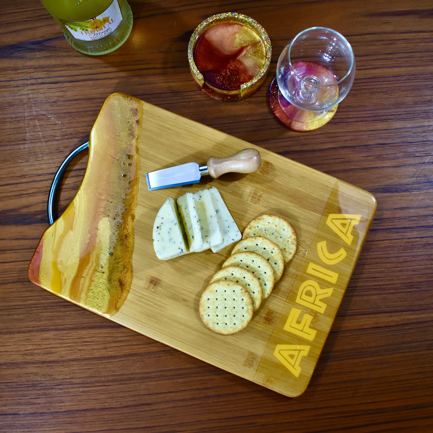 Cutting/Charcuterie Board with Metal Handle - Africa Themed Cheeseboard • Travel Destination Charcuterie Board