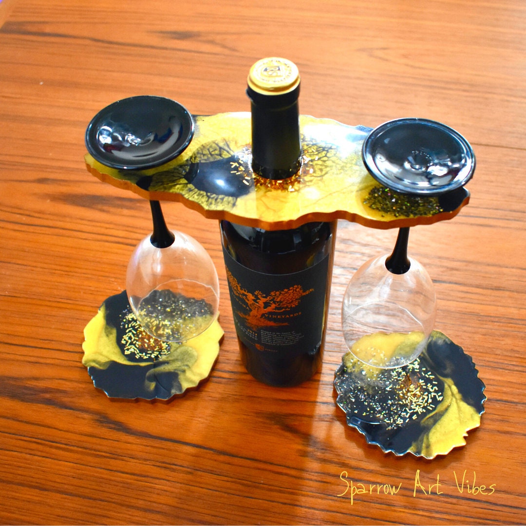 Black and Gold Wine Butler w 2 Coasters