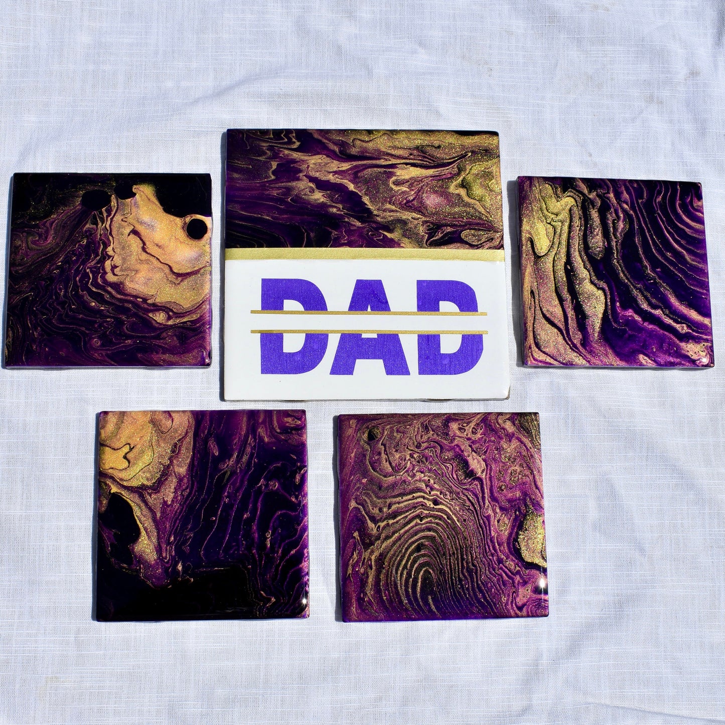 Personalized Dad's Birthday Coasters - Father’s Day Gift - Omega Psi Phi Gift - Purple & Gold Gift - Fraternity Gift - Custom Name Coasters