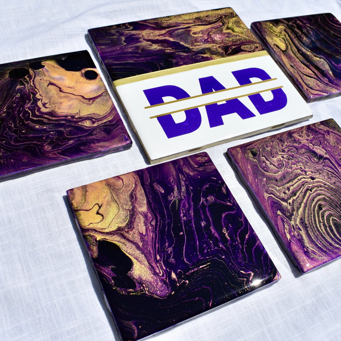 Personalized Dad's Birthday Coasters - Father’s Day Gift - Omega Psi Phi Gift - Purple & Gold Gift - Fraternity Gift - Custom Name Coasters