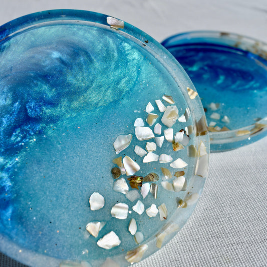 Ocean Blue Coasters w Abalone Shells
